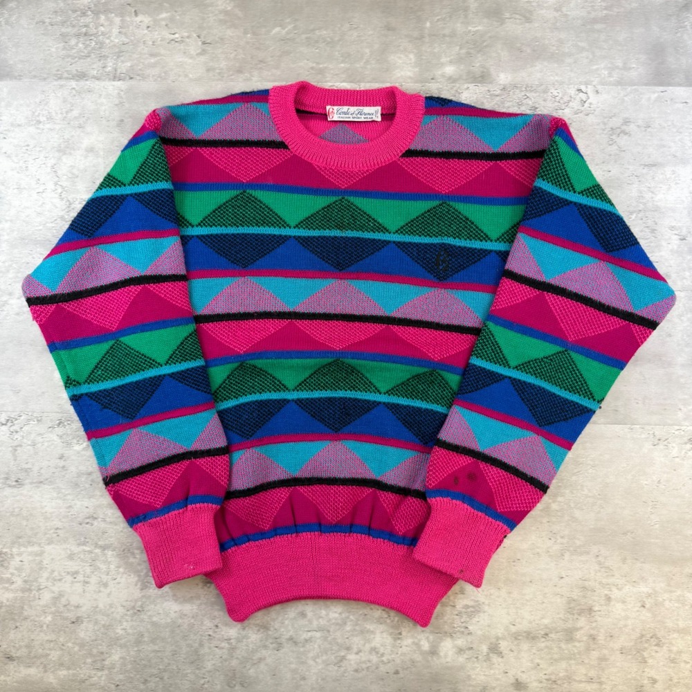 Vintage Conte of Florence Italian Sport Wear Pink Geometric Knit Sweater Italy